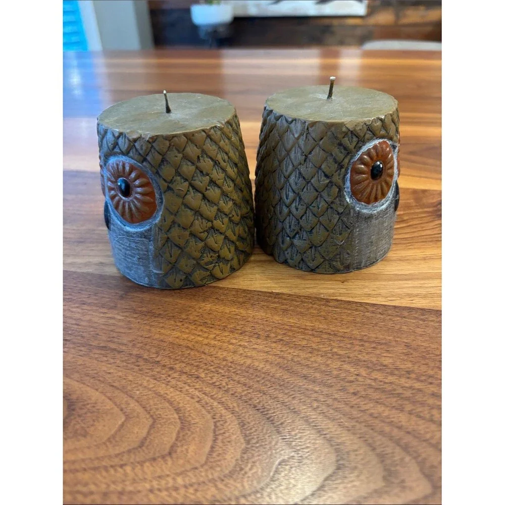 NEW Set of Two Textured Pillar Owl Candles 3”